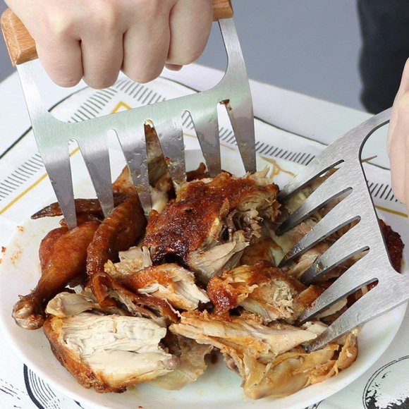 1-Pair:Wooden Handles Stainless Steel Meat Poultry Shredding Cutting Claws(Brown - Picture 3 of 5